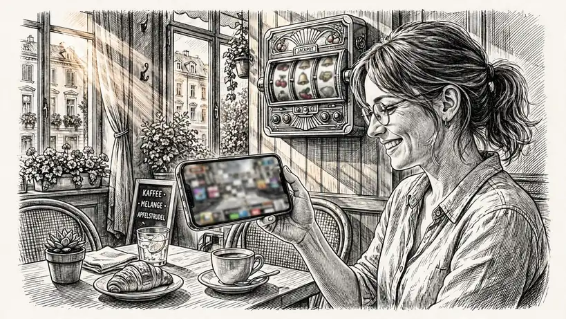 Junge Frau im Wiener Café mit Smartphone und Slot-Maschine im Hintergrund