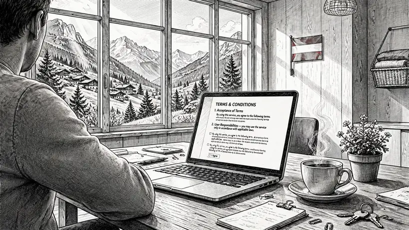 Moderner Arbeitsplatz in Österreich mit geöffneten AGB auf Laptop und Alpenblick
