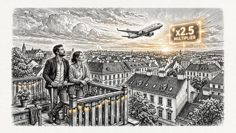 Jet über Wiener Skyline bei Sonnenuntergang mit steigender Multiplikatoranzeige