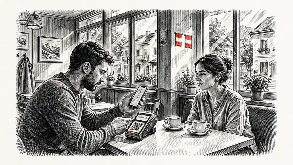 Junges Paar scannt CashtoCode QR im Wiener Café