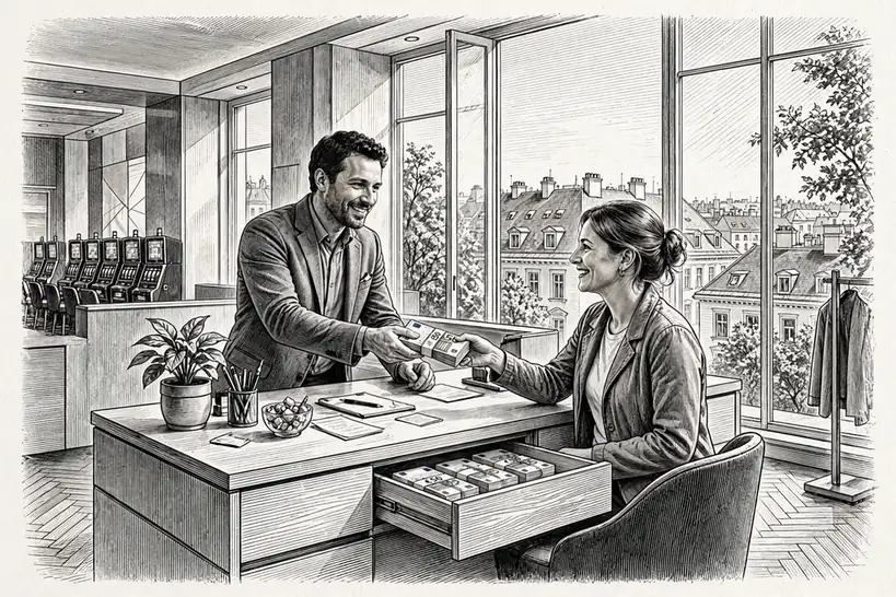 Österreichisches Casino, Kassier liefert Geld an Kunden.