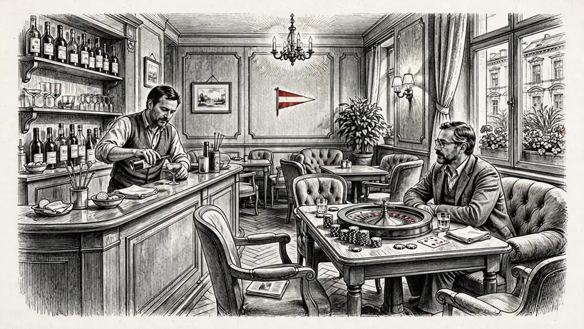 Gemütlicher Wiener Kasino-Lounge mit Roulette, Chips und warmem Licht