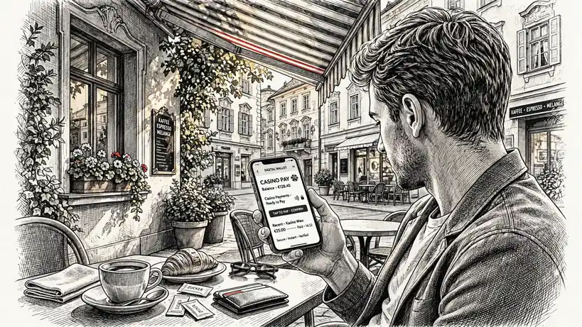 Junger Erwachsener mit Smartphone, Wallet-App, österreichisches Café bei Tageslicht