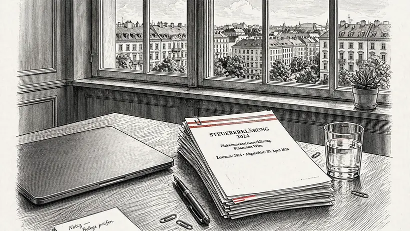 Büro mit Steuerunterlagen und Wiener Skyline im Hintergrund