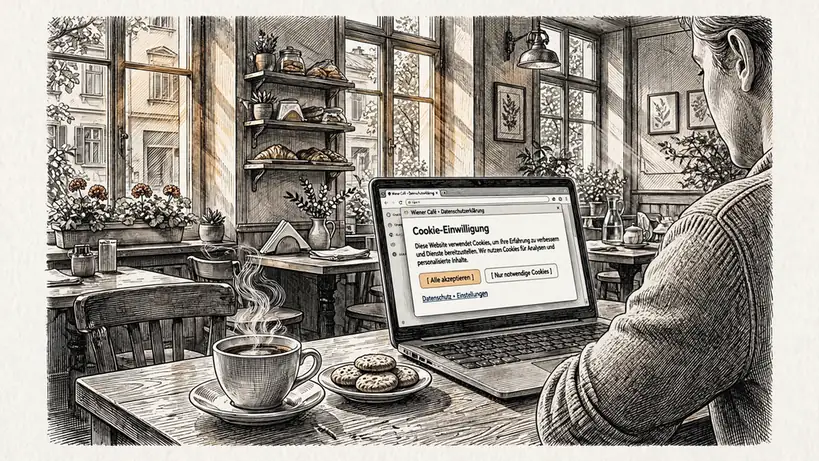 Gemütliches Wiener Café mit Kaffeetasse und Cookie‑Hinweis auf Laptop