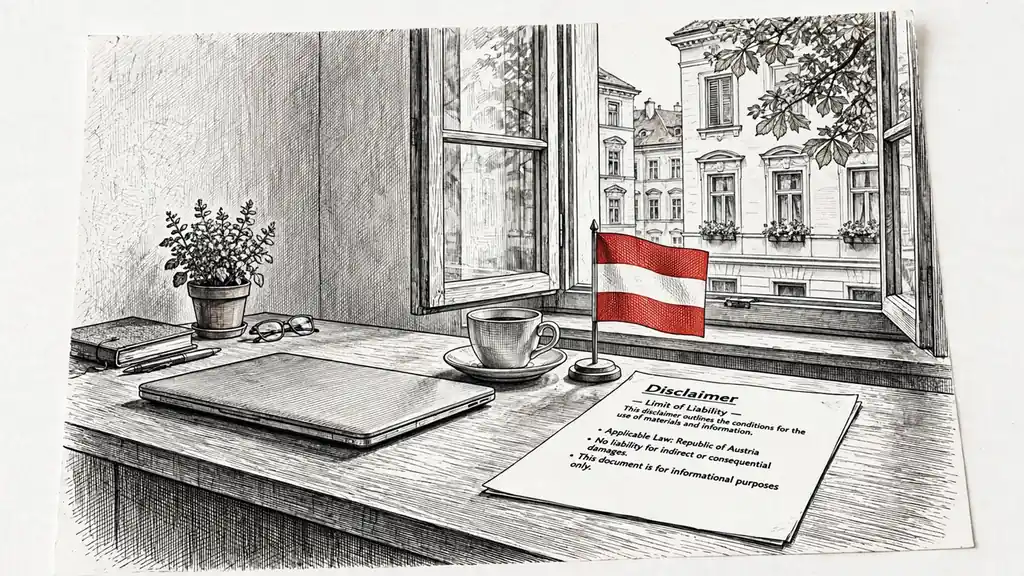 Büro mit Schreibtisch, Laptop, Kaffee und österreichischer Flagge im Hintergrund.