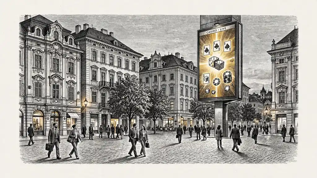 Österreichischer Platz bei Dämmerlicht mit leuchtender Casinowerbung.