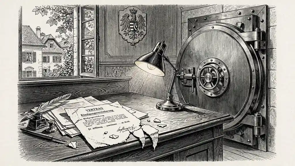 Zerbrochener Vertrag neben verschlossenem Tresor.
