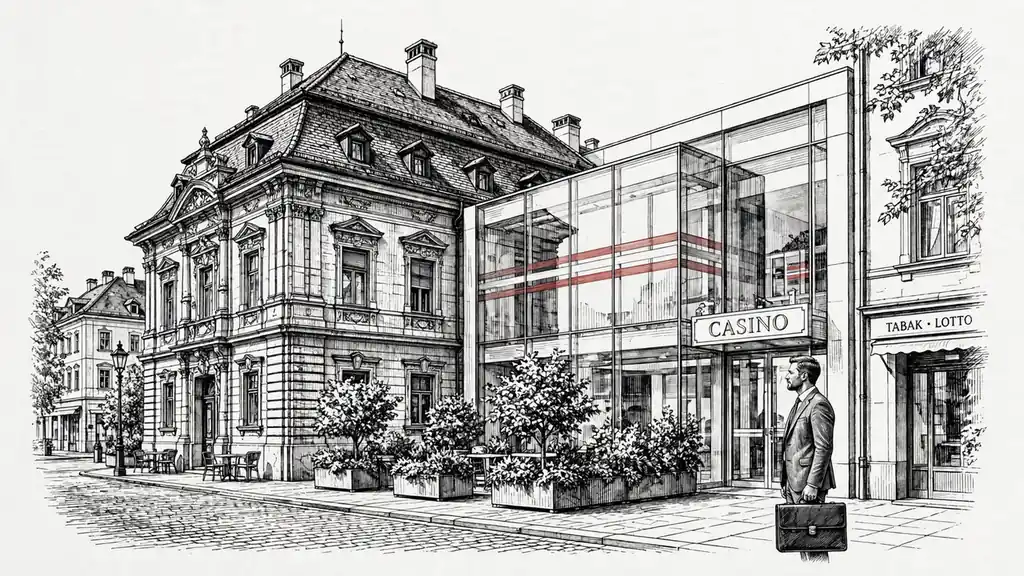 Professioneller mit Aktenkoffer vor österreichischem Casino‑Schild im Stadtbild.