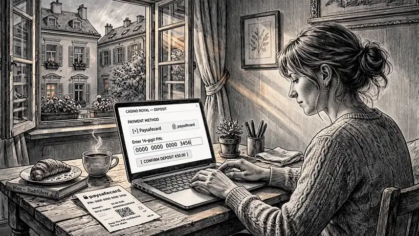 Junge Frau gibt Paysafecard-Code auf Laptop ein.